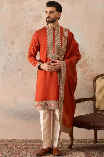Mens orange silk blend solid embroidered kurta and trouser with dupatta