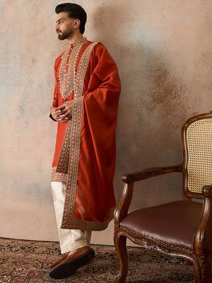 Mens orange silk blend solid embroidered kurta and trouser with dupatta 3