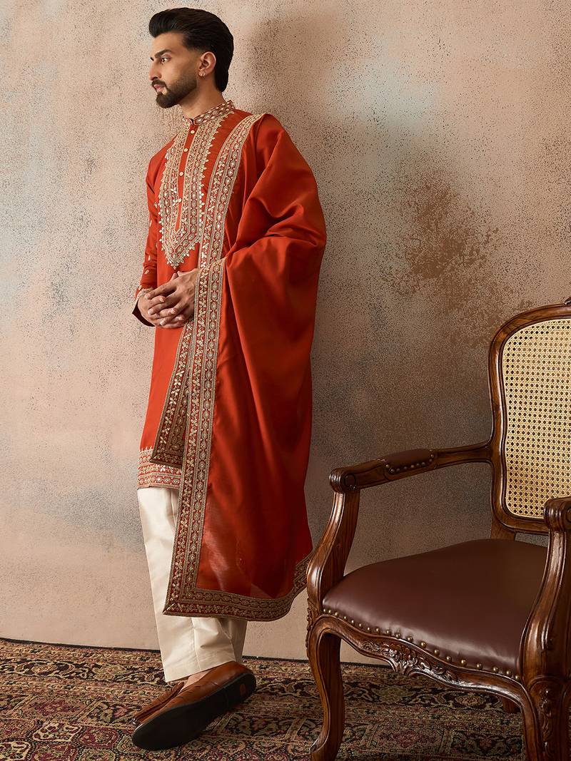 Mens orange silk blend solid embroidered kurta and trouser with dupatta