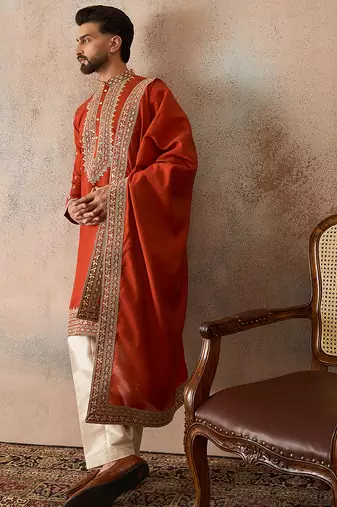 Mens orange silk blend solid embroidered kurta and trouser with dupatta