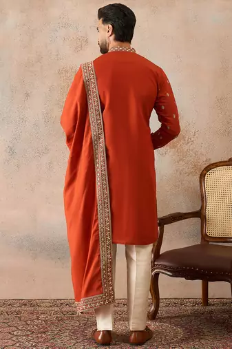 Mens orange silk blend solid embroidered kurta and trouser with dupatta