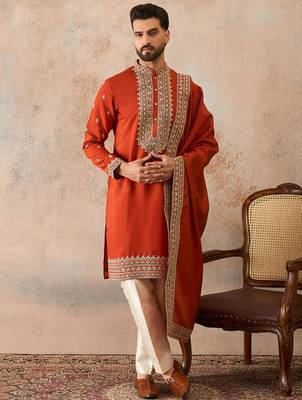 Mens orange silk blend solid embroidered kurta and trouser with dupatta 5