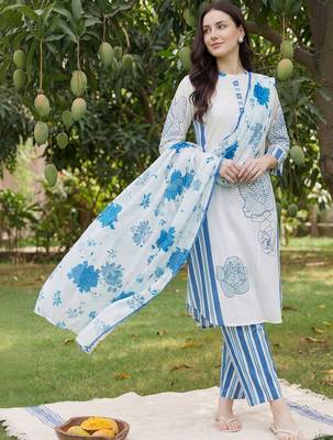 Women Floral Printed Regular Mirror Work Pure Cotton Kurta with Trousers & With Dupatta 1