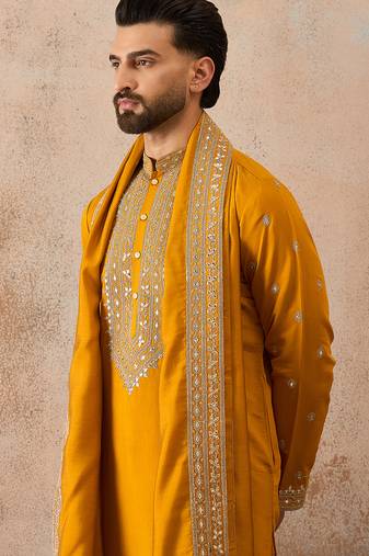 Mens mustard silk blend solid embroidered kurta and trouser with dupatta