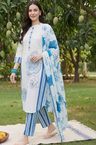 Women Floral Printed Regular Mirror Work Pure Cotton Kurta with Trousers & With Dupatta