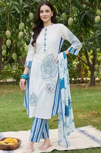 Women Floral Printed Regular Mirror Work Pure Cotton Kurta with Trousers & With Dupatta