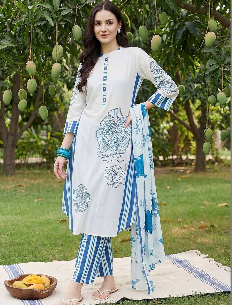 Women Floral Printed Regular Mirror Work Pure Cotton Kurta with Trousers & With Dupatta