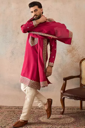 Mens pink silk blend solid embroidered kurta and trouser with dupatta