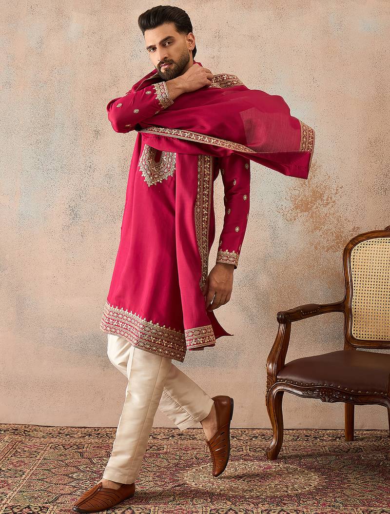 Mens pink silk blend solid embroidered kurta and trouser with dupatta