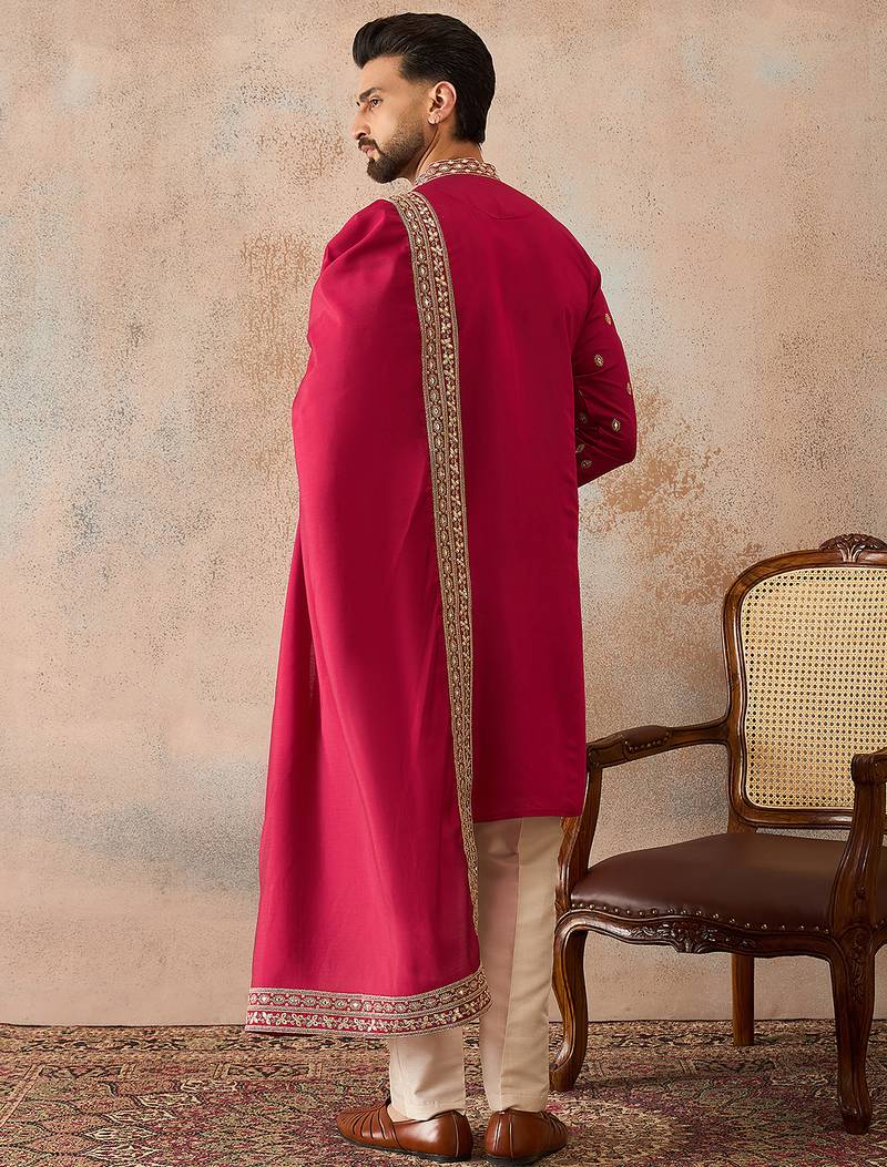 Mens pink silk blend solid embroidered kurta and trouser with dupatta