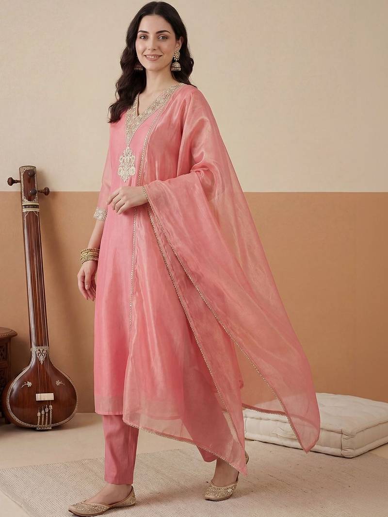 Women Ethnic Motifs Embroidered Regular Kurta with Trousers & With Dupatta