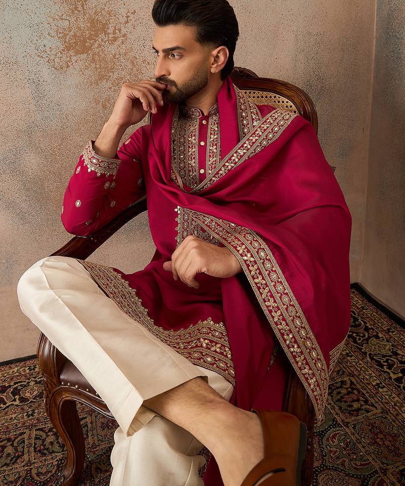 Mens pink silk blend solid embroidered kurta and trouser with dupatta