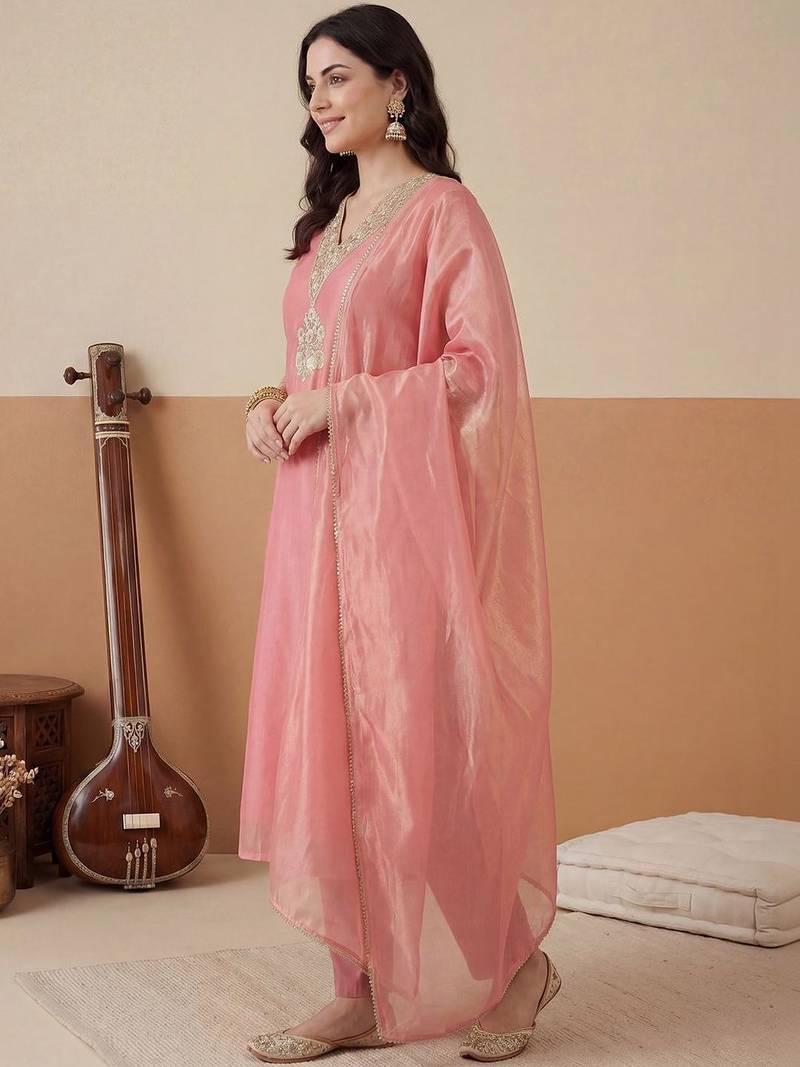 Women Ethnic Motifs Embroidered Regular Kurta with Trousers & With Dupatta