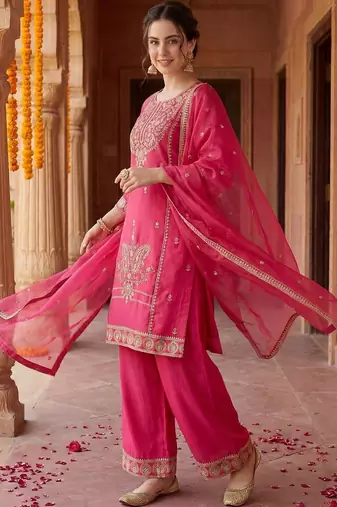 Women Ethnic Motifs Embroidered Regular Sequinned Kurta with Palazzos & With Dupatta