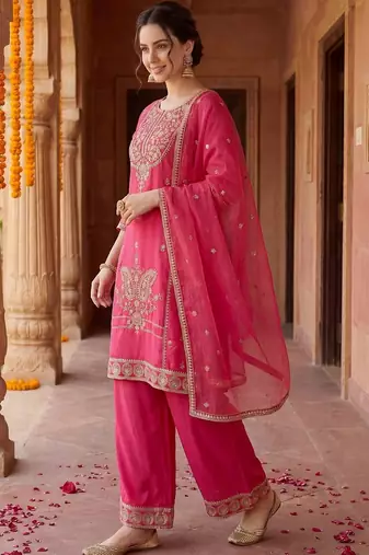 Women Ethnic Motifs Embroidered Regular Sequinned Kurta with Palazzos & With Dupatta