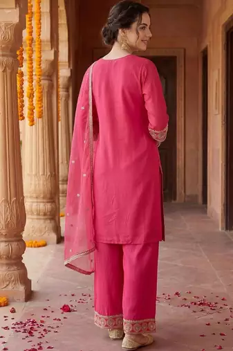 Women Ethnic Motifs Embroidered Regular Sequinned Kurta with Palazzos & With Dupatta