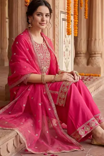 Women Ethnic Motifs Embroidered Regular Sequinned Kurta with Palazzos & With Dupatta