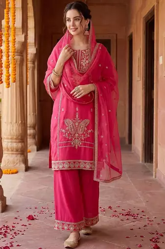 Women Ethnic Motifs Embroidered Regular Sequinned Kurta with Palazzos & With Dupatta