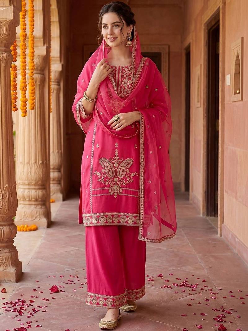 Women Ethnic Motifs Embroidered Regular Sequinned Kurta with Palazzos & With Dupatta