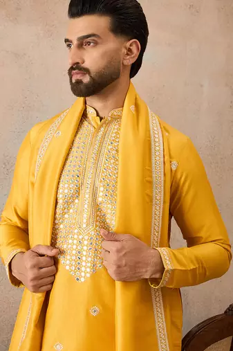 Mens yellow silk blend solid embroidered kurta and trouser with dupatta