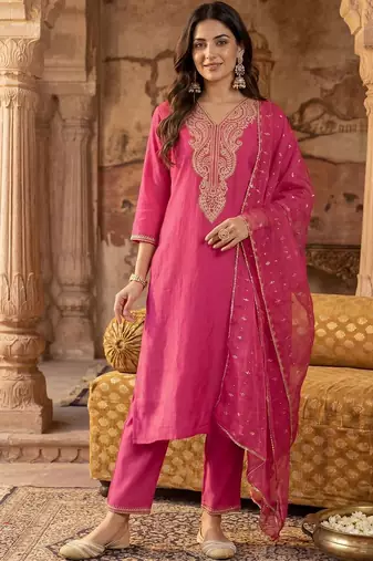 Women Ethnic Motifs Embroidered Regular Sequinned Liva Kurta with Trousers & With Dupatta