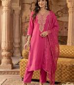 Women Ethnic Motifs Embroidered Regular Sequinned Liva Kurta with Trousers & With Dupatta