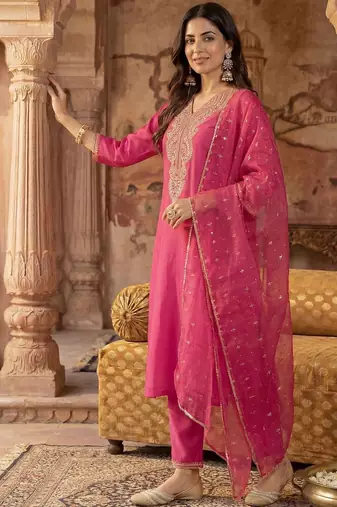 Women Ethnic Motifs Embroidered Regular Sequinned Liva Kurta with Trousers & With Dupatta