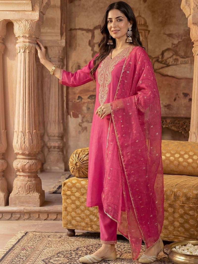 Women Ethnic Motifs Embroidered Regular Sequinned Liva Kurta with Trousers & With Dupatta