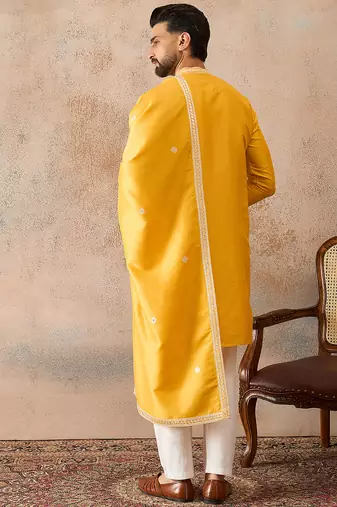 Mens yellow silk blend solid embroidered kurta and trouser with dupatta