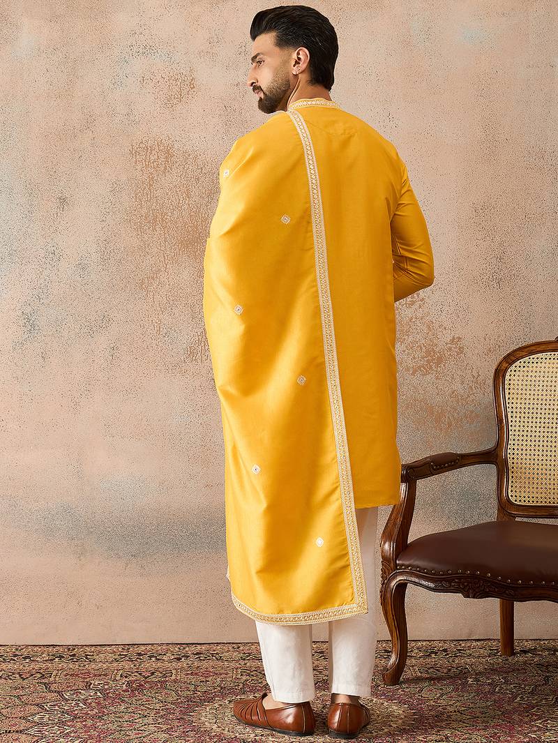 Mens yellow silk blend solid embroidered kurta and trouser with dupatta