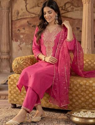 Women Ethnic Motifs Embroidered Regular Sequinned Liva Kurta with Trousers & With Dupatta 5