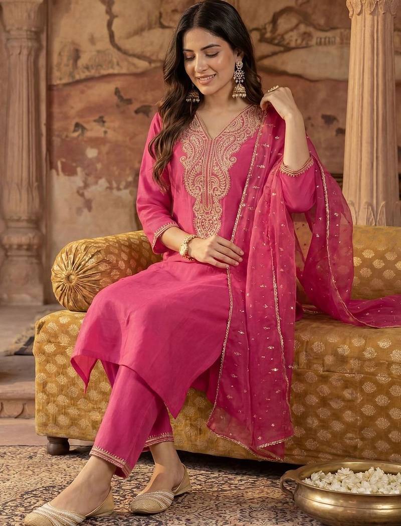 Women Ethnic Motifs Embroidered Regular Sequinned Liva Kurta with Trousers & With Dupatta