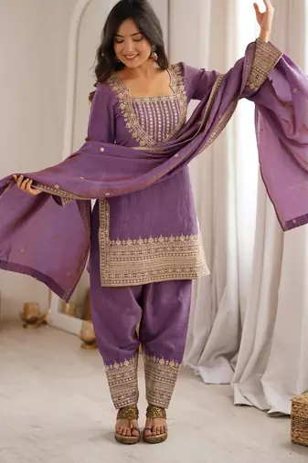 Embroidered Vichitra Silk Straight Kurta Shalwar and Dupatta Set