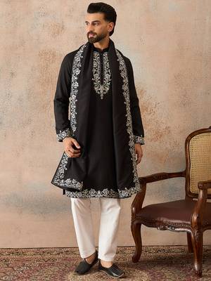 Mens black silk blend solid embroidered kurta and trouser with dupatta 2