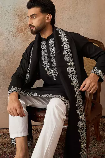 Mens black silk blend solid embroidered kurta and trouser with dupatta