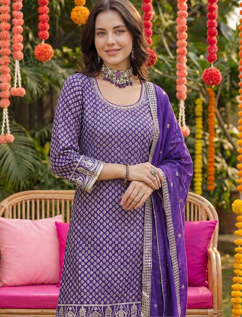 Women Ethnic Motifs Embroidered Regular Sequinned Kurta with Palazzos & With Dupatta