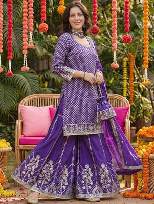 Women Ethnic Motifs Embroidered Regular Sequinned Kurta with Palazzos & With Dupatta 3