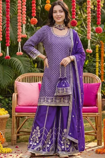 Women Ethnic Motifs Embroidered Regular Sequinned Kurta with Palazzos & With Dupatta