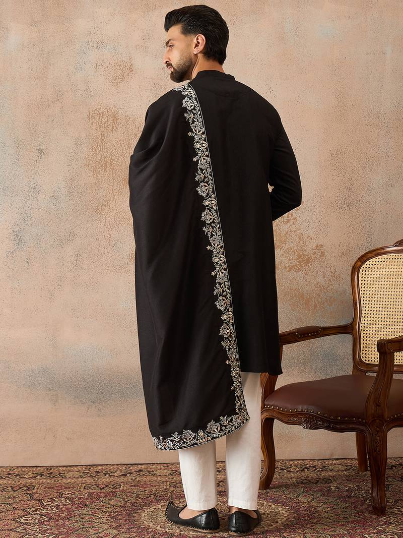 Mens black silk blend solid embroidered kurta and trouser with dupatta