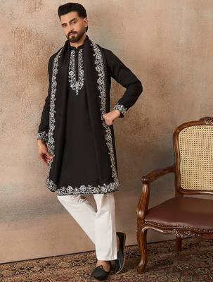 Mens black silk blend solid embroidered kurta and trouser with dupatta 5