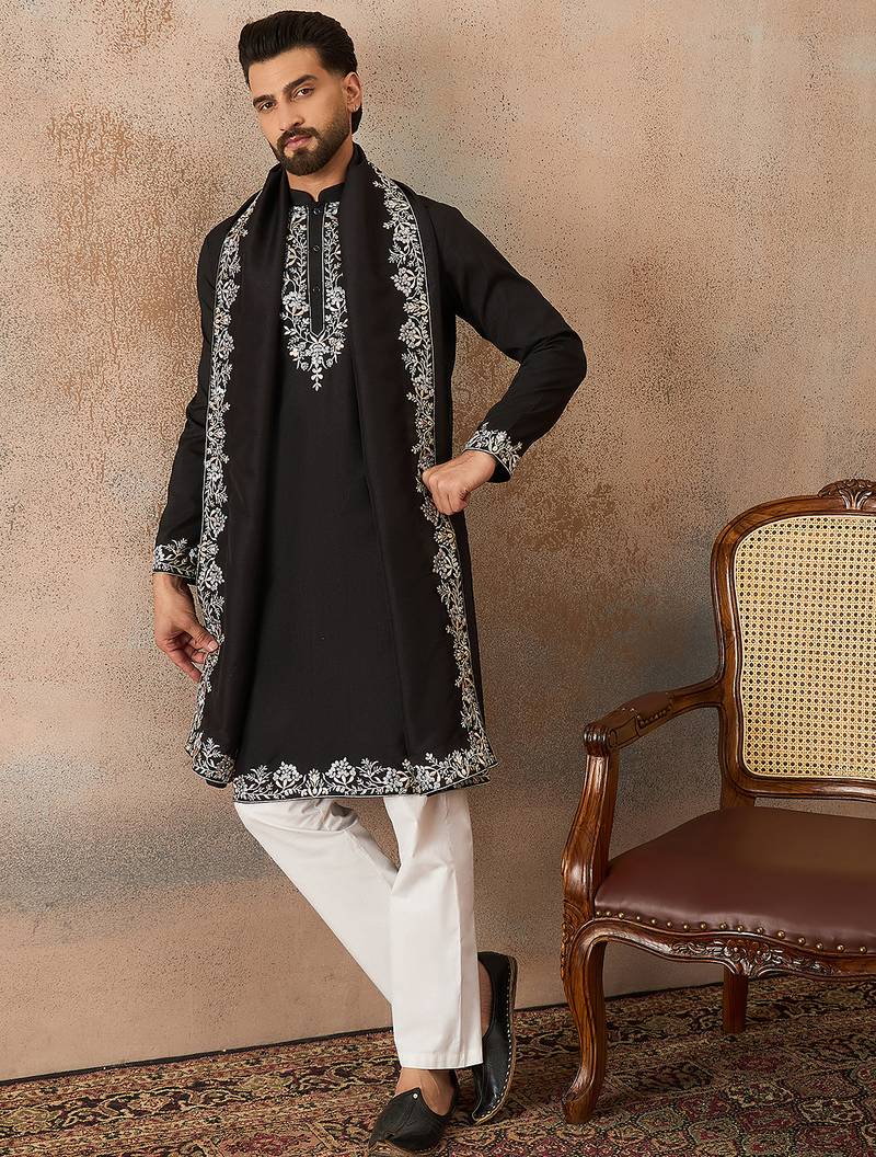 Mens black silk blend solid embroidered kurta and trouser with dupatta