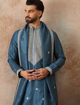 Mens blue silk blend solid embroidered kurta and trouser with dupatta 1