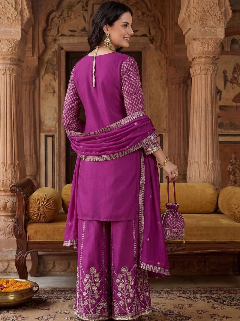 Women Ethnic Motifs Embroidered Regular Sequinned Kurta with Palazzos & With Dupatta