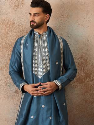 Mens blue silk blend solid embroidered kurta and trouser with dupatta 3