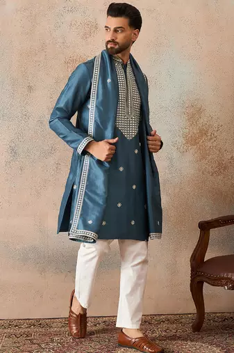 Mens blue silk blend solid embroidered kurta and trouser with dupatta
