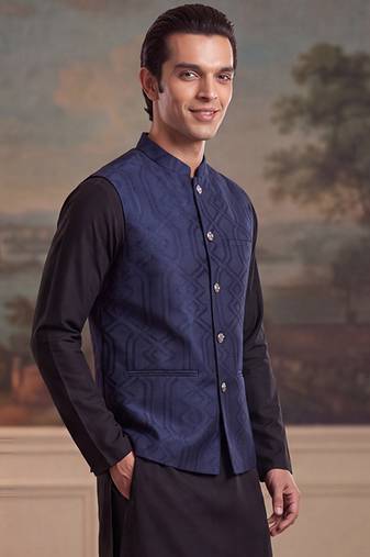 Mens violet jacquard woven design mandarin collar koti