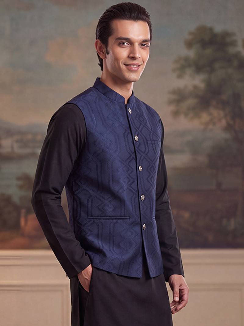 Mens violet jacquard woven design mandarin collar koti