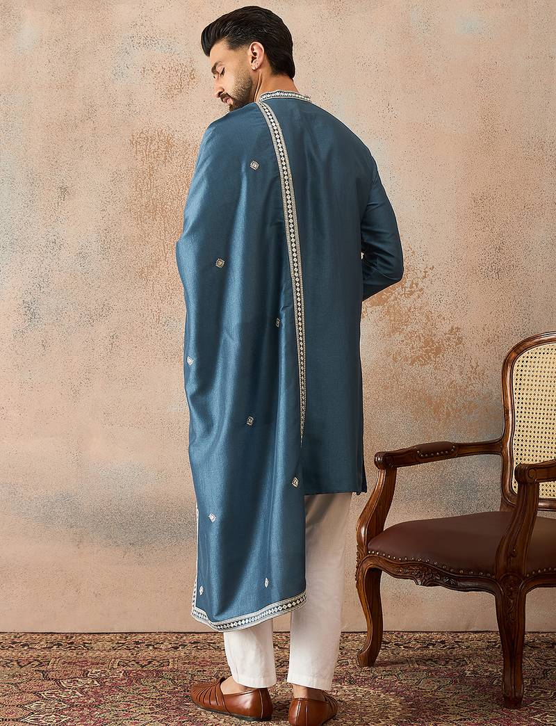Mens blue silk blend solid embroidered kurta and trouser with dupatta