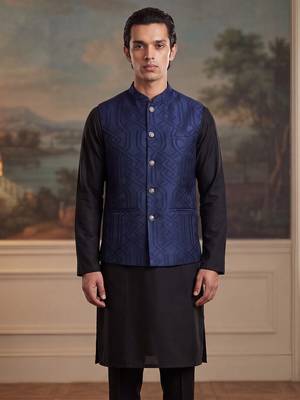 Mens violet jacquard woven design mandarin collar koti 2