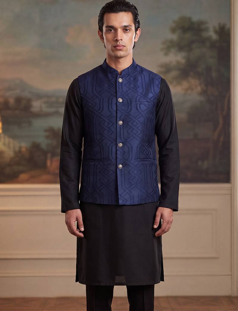 Mens violet jacquard woven design mandarin collar koti